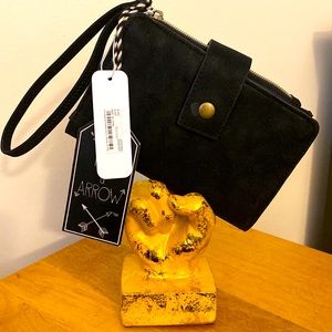 6.5”W x 4”H black faux suede wristlet with phone protector pocket